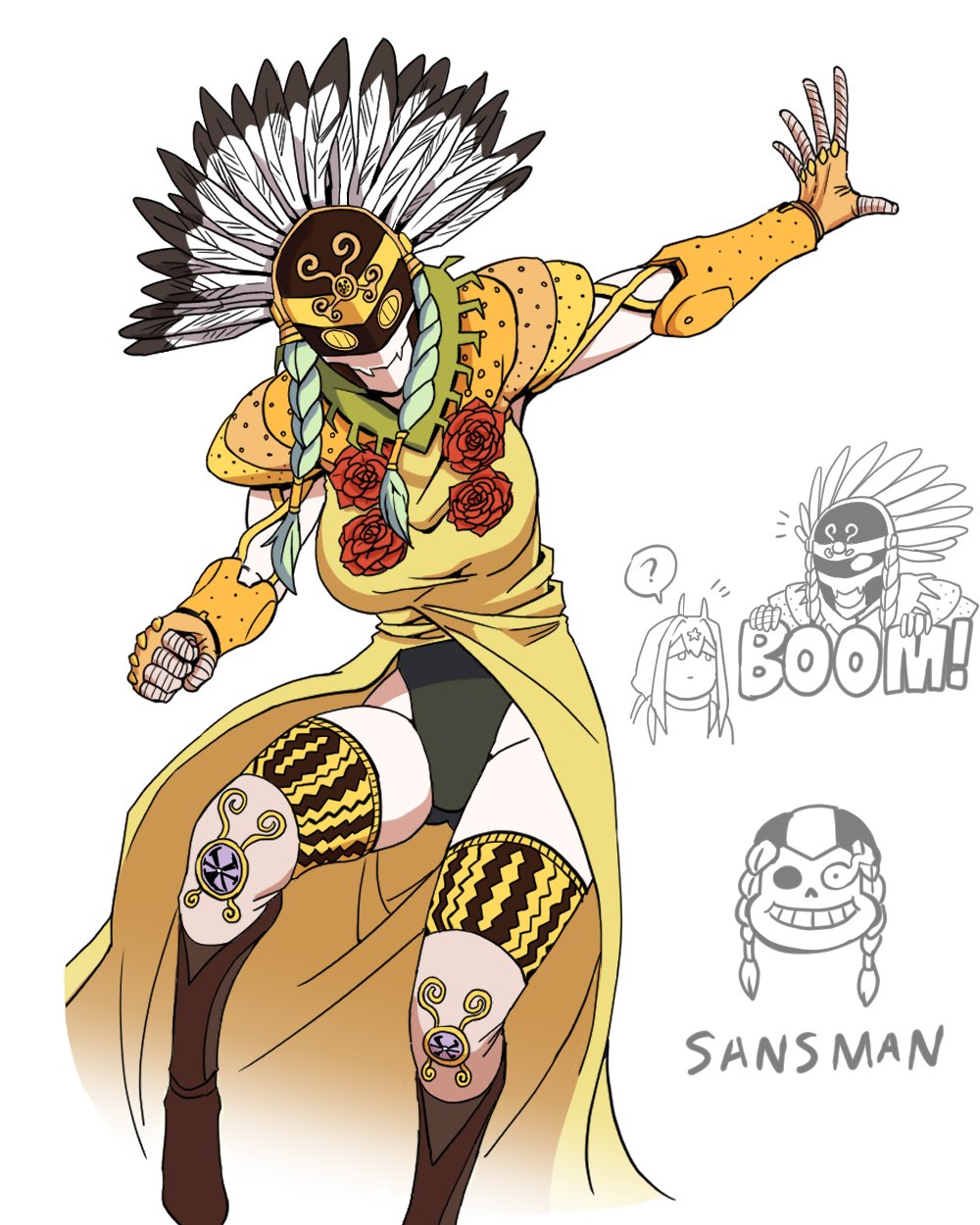 1boy 2020 2girls 4:5 ? antenna_hair armor ass_visible_through_thighs boots braid breasts clothed clothing crossover dress fangs feathers female flower fully_clothed genderswap_(mtf) gloves glowing_eye green_hair grin helmet highres humanized humanoid in_a_silent_way_(jjba) jojo's_bizarre_adventure jumping large_breasts legwear leotard long_dress looking_at_viewer male mannungei meme multicolored_hair multiple_girls native_american pose pun rose rule_63 sandman_(jjba) sans shoulder_pads simple_background skeleton skull smile sound_effects speech_bubble spoken_question_mark stand_(jjba) star steel_ball_run teeth text thick_thighs thigh_strap thighs tied_hair tusk_(jjba) twin_braids twintails two_tone_hair undertale white_background yellow_dress yellow_gloves zettai_ryouiki