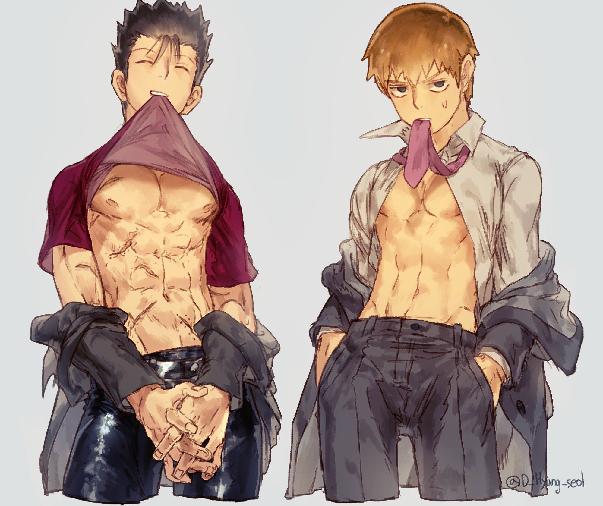 2boys, abs, arataka reigen, blonde hair, d hyang seol, male, male only, mob psycho 100, muscular, muscular male, shimazaki ryo, shirt in mouth, shirt open, tie, tie in mouth