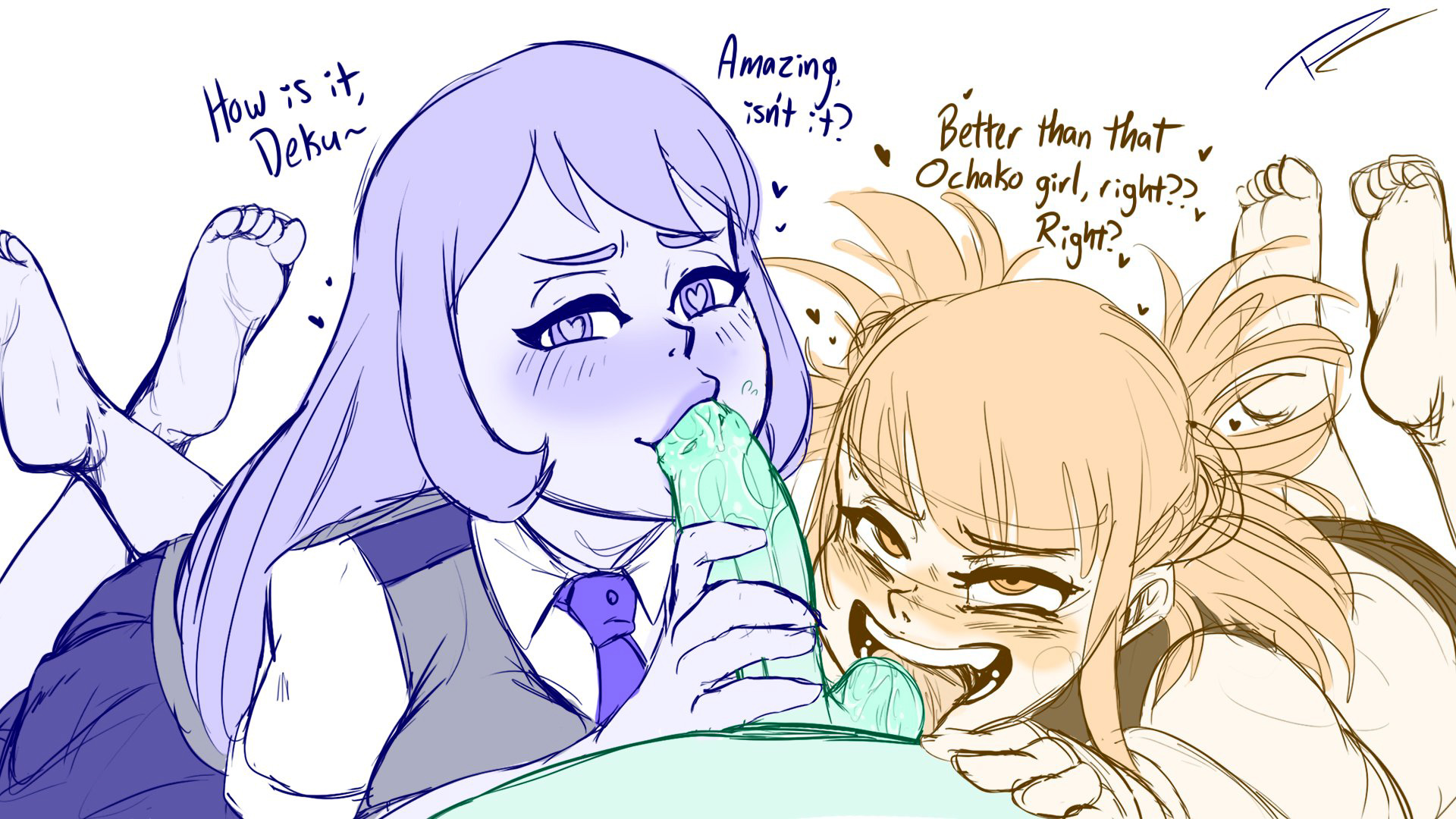 1boy, 2girls, balls, balls lick, barefoot, blonde hair, blowjob, blue hair, collaborative fellatio, double bun, double fellatio, english text, fakeryway, feet, fellatio, female, heart-shaped pupils, himiko toga, izuku midoriya, long hair, male, my hero academia, nejire hado, open mouth, oral, penis, pleasure castle, soles, sucking tip, text, tongue, tongue out