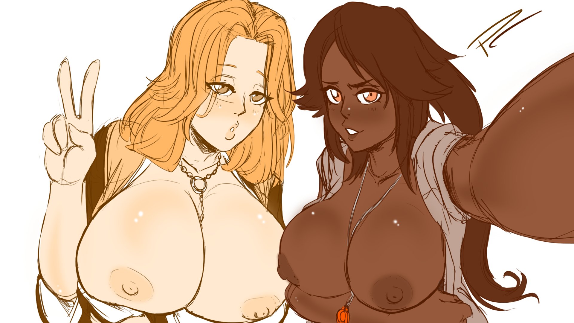 2girls, areolae, bangs, big breasts, bleach, blush, breasts, breasts out, chains, chocolate and vanilla, clothing, dark skin, dark-skinned female, fakeryway, female, female only, hair down, huge breasts, long hair, looking at viewer, matsumoto rangiku, multiple females, multiple girls, necklace, nipples, open clothes, peace sign, pendant, pleasure castle, ponytail, selfie, shihouin yoruichi, simple background, tied hair, upper body, v, white background