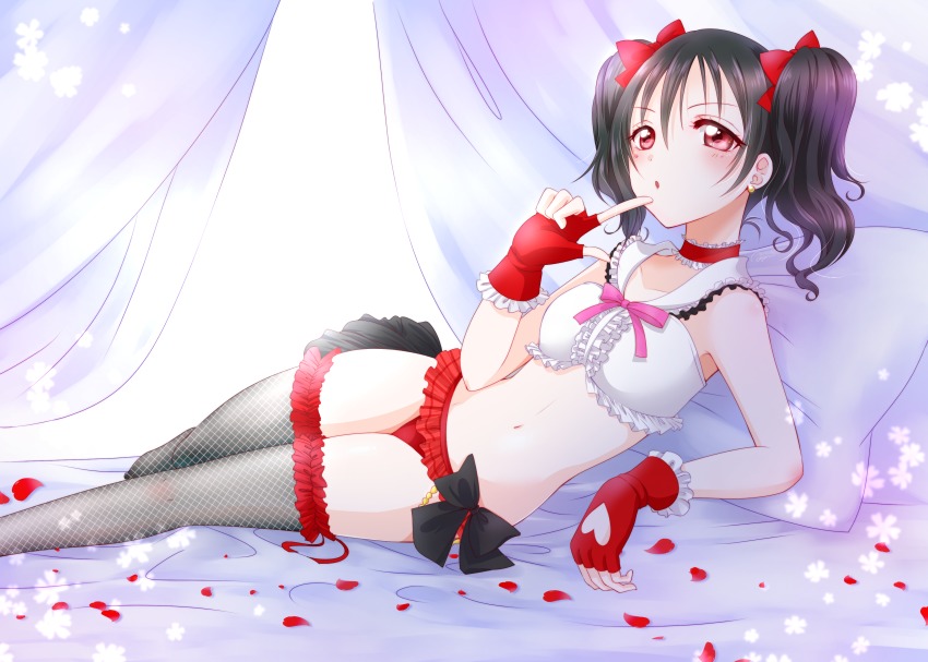 absurdres ayamu_(igakato) bad_id bad_pixiv_id bed black_hair bokura_wa_ima_no_naka_de commentary_request fingerless_gloves gloves hair_ribbon highres lingerie love_live! love_live!_school_idol_project red_eyes ribbon twintails underwear yazawa_nico