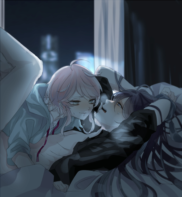 amemura_ramuda arms_above_head dark_hair gay half-dressed hypnosis_mic jinguji_jakurai long_hair lying_on_back male/male male_only mind_control night on_bed small_dom_big_sub unbuttoned_shirt wrists_bound yaoi