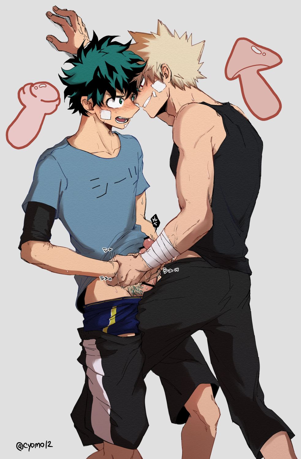 2boys, bandage, blonde hair, blush, censor bar, censored, censored penis, cyomo, gay, green eyes, green hair, green pubic hair, izuku midoriya, japanese text, katsuki bakugou, male, male only, male/male, muscles, my hero academia, penis, penis out, penis size difference, red eyes, sweat, yaoi