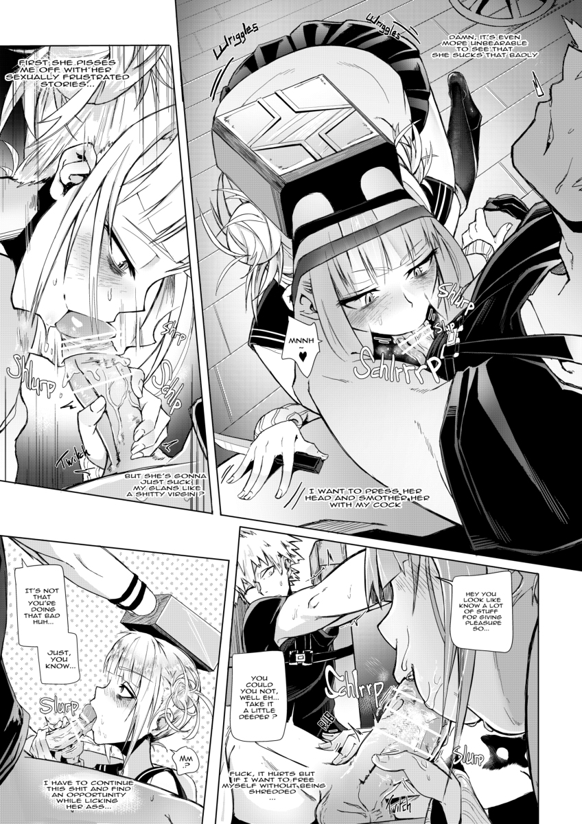 1boy, 1girls, ahegao, comic, deepthroat, deepthroat request, dialogue, dirty talk, erection, fellatio, female, hands bound, himiko toga, imminent deepthroat, katsuki bakugou, male, my hero academia, oral, oral sex, penis, precum, request, restrained, school uniform, stockings, straight, submissive, sucking, sweating, tied to chair