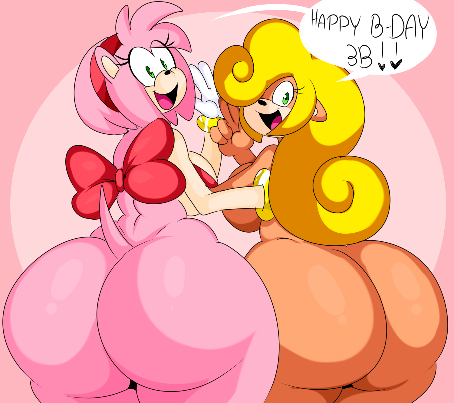2girls, amy rose, anthro, ass, ass to ass, bandicoot, big ass, big breasts, blonde hair, bottom heavy, bow, breasts, coco bandicoot, crash (series), crossover, denizen1414, english, english text, female, female focus, female only, furry, gloves, green eyes, hairband, happy birthday, hedgehog, highres, huge ass, long hair, looking at viewer, looking back, mobian (species), multiple females, multiple girls, nude, open mouth, photo, pink body, pink fur, presenting, presenting hindquarters, sega, sideboob, smile, sonic (series), sonic the hedgehog (series), speech bubble, tail, text, thick thighs, thighs, video games, wide hips