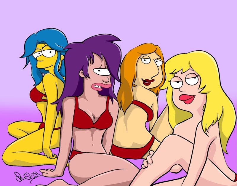 1 eye, 20th century studios, 4girls, accurate art style, american dad, big breasts, blonde hair, blue hair, bra, breasts, cleavage, crossover, family guy, female, female only, francine smith, futurama, group, hair down, half-closed eyes, large breasts, legs, light skin, light-skinned female, lingerie, lipstick, lois griffin, looking at viewer, marge simpson, milf, mother, multiple females, multiple girls, orange hair, pale skin, panties, pink lipstick, purple hair, red bra, red lipstick, red panties, red underwear, smile, take your pick, the simpsons, thighs, turanga leela, underwear, underwear only, white female, yellow body, yellow skin