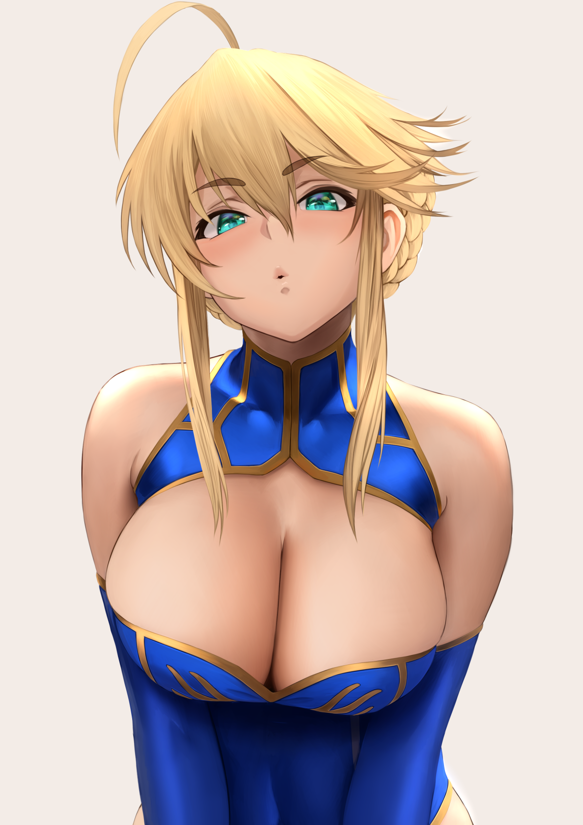 1girls, ahoge, artoria pendragon, artoria pendragon (lancer), bangs, bare shoulders, big breasts, blonde, blonde hair, blue gloves, blue leotard, blush, braid, breasts, cleavage, collarbone, elbow gloves, eyebrows visible through hair, fate (series), fate/grand order, female, female only, french braid, gloves, green eyes, hair between eyes, head tilt, highres, large breasts, leotard, looking at viewer, open mouth, parted lips, pouty lips, short hair, sidelocks, simple background, solo, solo female, upper body, yamaneko (tkdrumsco)