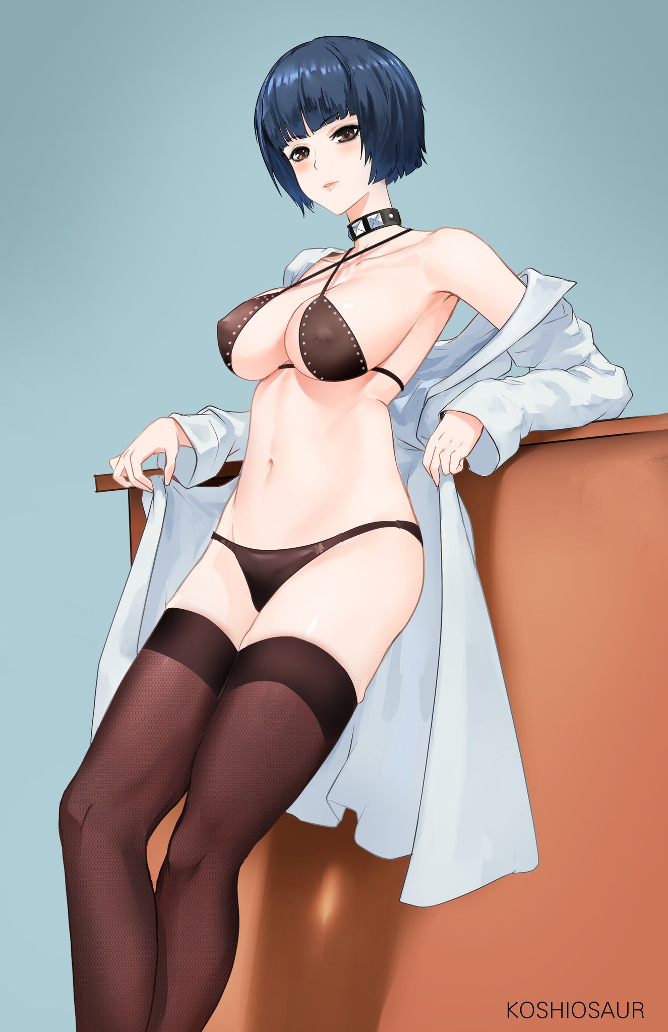 1girls, brown eyes, choker, clothed, clothing, female, goth, koshiosaur, lingerie, looking at viewer, nurse, persona, persona 5, short hair, tae takemi, thighhighs, underwear