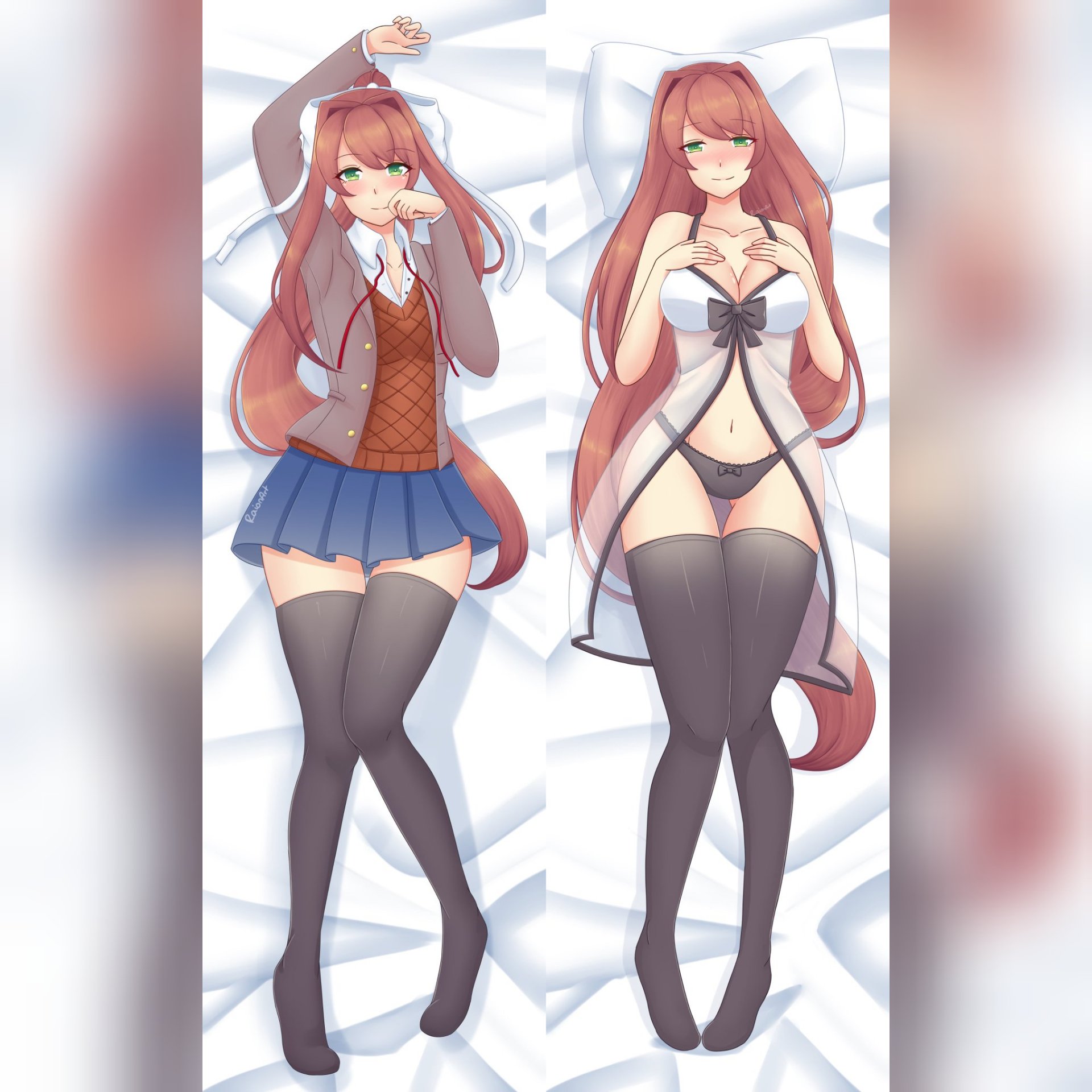 1girls, big breasts, blush, breasts, dakimakura, doki doki literature club, female, female only, green eyes, hourglass figure, large breasts, lingerie, long hair, looking at viewer, monika (doki doki literature club), negligee, panties, raionart, school uniform, thick thighs, thighhighs