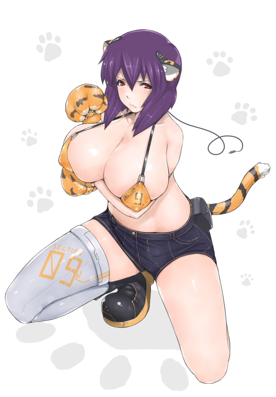 1girls animal_ears animal_hands bikini bikini_top_only boots breasts cleavage commentary_request cyborg denim denim_shorts female ghost_in_the_shell highres huge_breasts kusanagi_motoko large_breasts libre light-skinned_female light_skin orange_bikini paw_print paw_print_background purple_hair red_eyes short_hair shorts single_thighhigh solo swimsuit tail thighhighs tiger_ears tiger_tail white_background