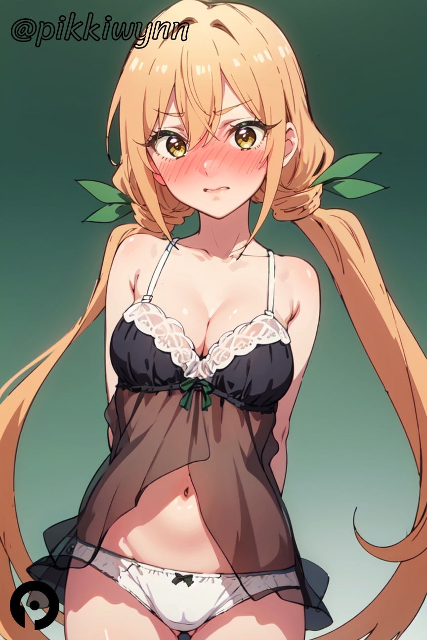 100_kanojo ai_generated arms_behind_back ass_visible_through_thighs babydoll bare_shoulders blonde_hair blush bow bow_panties breasts cleavage closed_mouth collarbone cowboy_shot female gradient gradient_background green_background green_ribbons hair_between_eyes inda_karane kimi_no_koto_ga_dai_dai_dai_dai_daisuki_na_100-nin_no_kanojo lingerie long_hair looking_at_viewer low_twintails medium_breasts navel panties pikkiwynn ribbon see-through solo the_100_girlfriends_who_really_really_really_really_really_love_you twintails underwear very_long_hair white_panties yellow_eyes