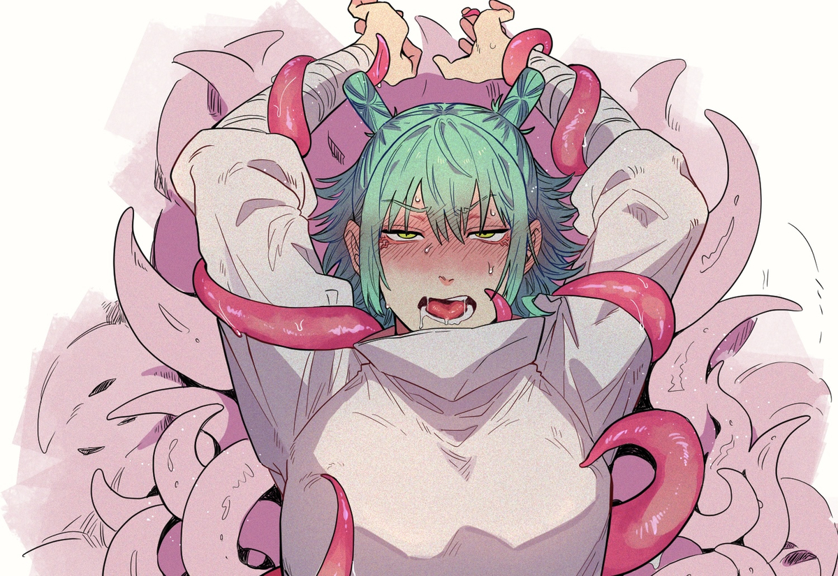 1boy, blush, clothed, double bun, green hair, jujutsu kaisen, kashimo hajime, male, male only, nipple play, skyksik, sweat, tentacle