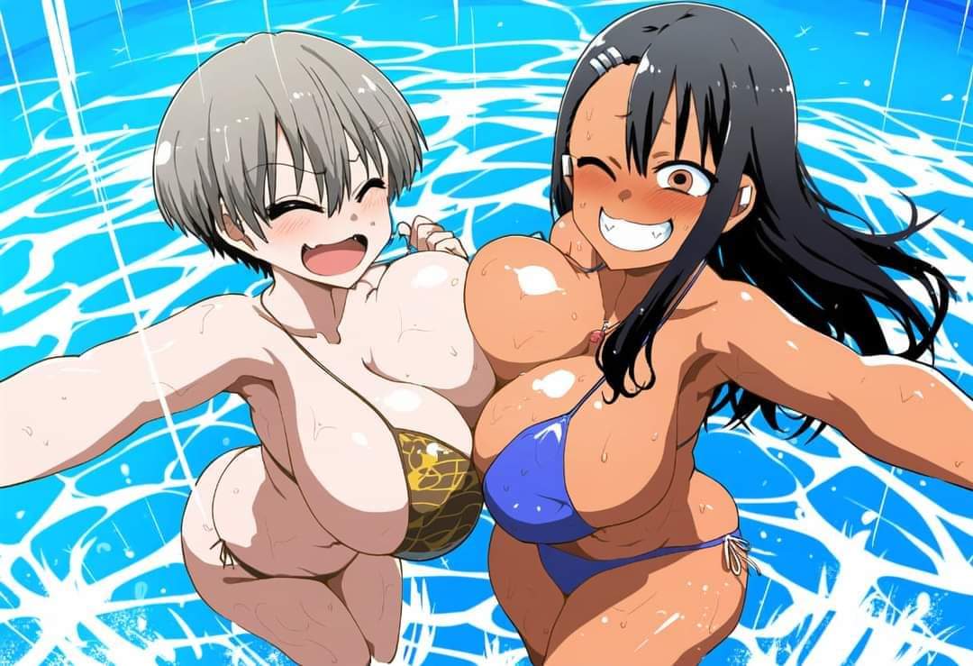 2girls, ai generated, alternate breast size, big breasts, bikini, breasts, crossover, female, female only, hayase nagatoro, large breasts, multiple females, multiple girls, please don't bully me, nagatoro, unknown artist, uzaki hana, uzaki-chan wa asobitai!