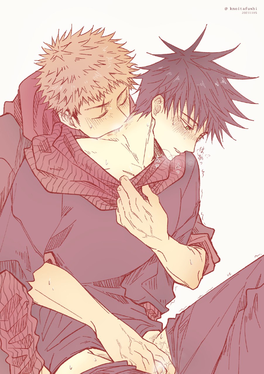 2boys, black hair, blushing, fushiguro megumi, gay, green eyes, handjob, itadori yuuji, itafushi, jujutsu kaisen, kiss marks, kissing neck, male, male/male, more at source, pink hair, scar, scar on face, school uniform, sweating, tagme, veins, white background, yaoi