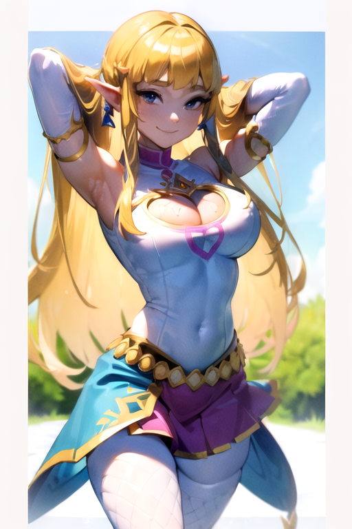 ai_generated aiposter armpits arms_behind_head arms_up blonde_hair cleavage_cutout fishnets hair_ornament heart long_ears long_hair princess_zelda rock seductive_look skyward_sword the_legend_of_zelda white_background zelda_(skyward_sword)