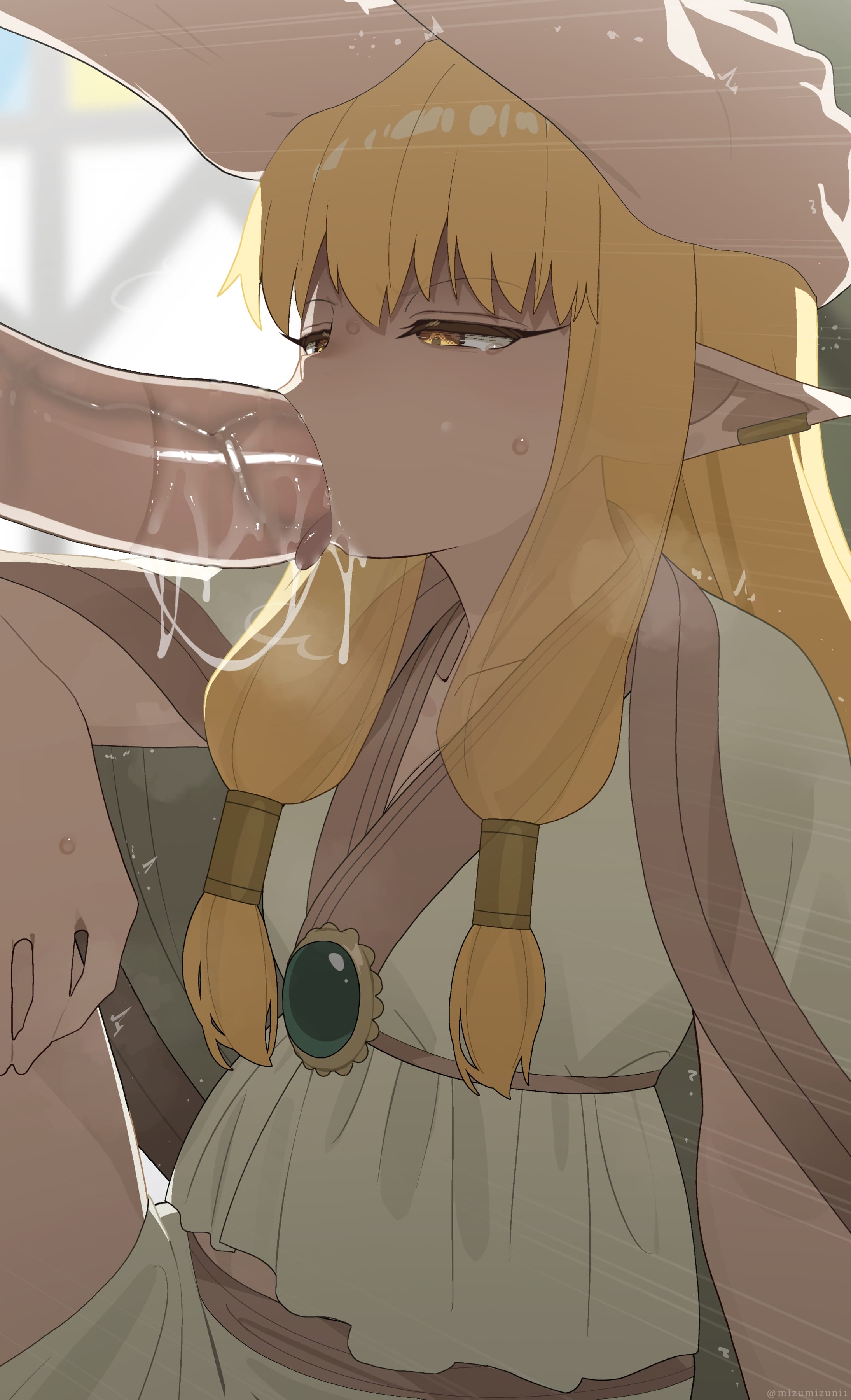 1boy, absurdres, blonde hair, blurry, blurry background, cum, cum in mouth, decensored, elf, elf ears, elf female, fellatio, female, forced, forced oral, hands on another's head, highres, human, human male, long hair, male, male human/female elf, mizumizuni, oral, pointy ears, serie (sousou no frieren), solo focus, sousou no frieren, straight, tongue, tongue out, uncensored, yellow eyes