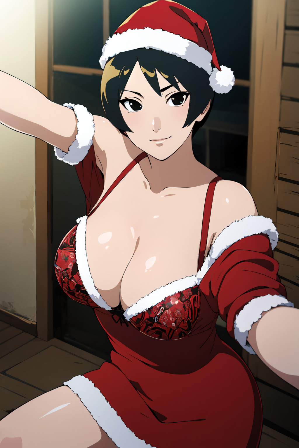 1girls adapted_costume ai_generated big_breasts black_eyes black_hair blunt_bangs boruto:_naruto_next_generations bra breasts center_opening christmas christmas_clothing christmas_headwear christmas_outfit cleavage costemania dress female female_only fur_trim headwear kurotsuchi light-skinned_female light_skin lingerie looking_at_viewer mature mature_female nai_diffusion naruto naruto_(series) pale-skinned_female pale_skin petite presenting presenting_breasts revealing_clothes santa_hat selfie short_hair smile smiling smiling_at_viewer solo solo_focus stable_diffusion taking_selfie upper_body