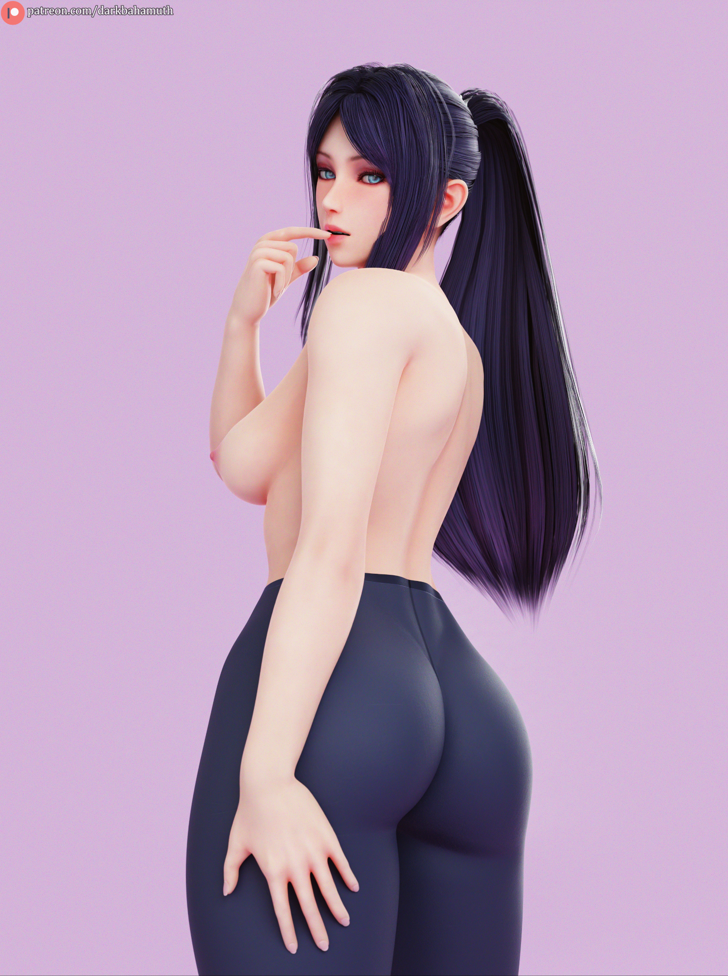 3d, ass, breasts, darkbahamuth, female, irelia xan, league of legends, leggings, pinup, ponytail, topless