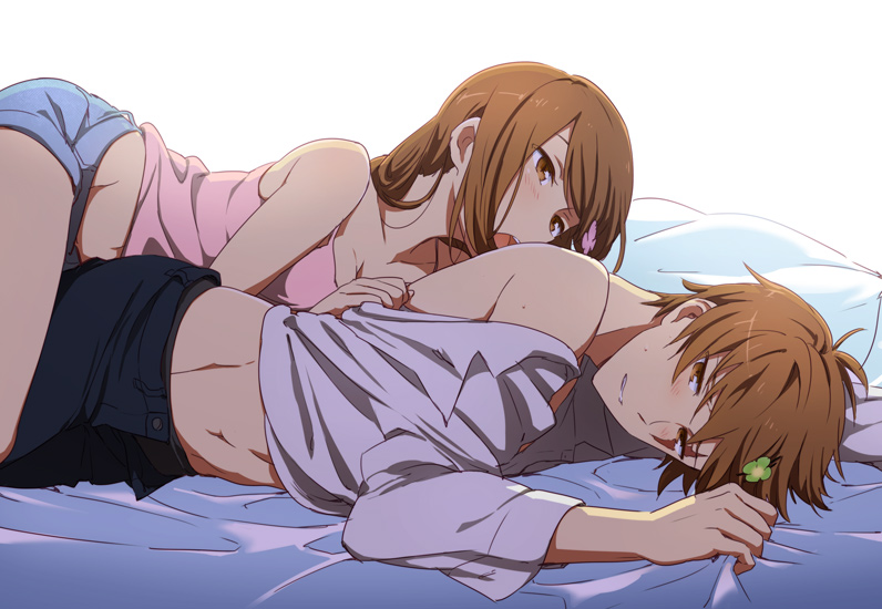1boy, 1girls, blush, brother and sister, brown eyes, brown hair, clothed, cuddling, female, fully clothed, hairclip, hasegawa utsutsu, hasegawa yume, incest, licking, male, male and female focus, medium hair, on bed, on side, pupa, shirts, siblings, tank top, wholesome