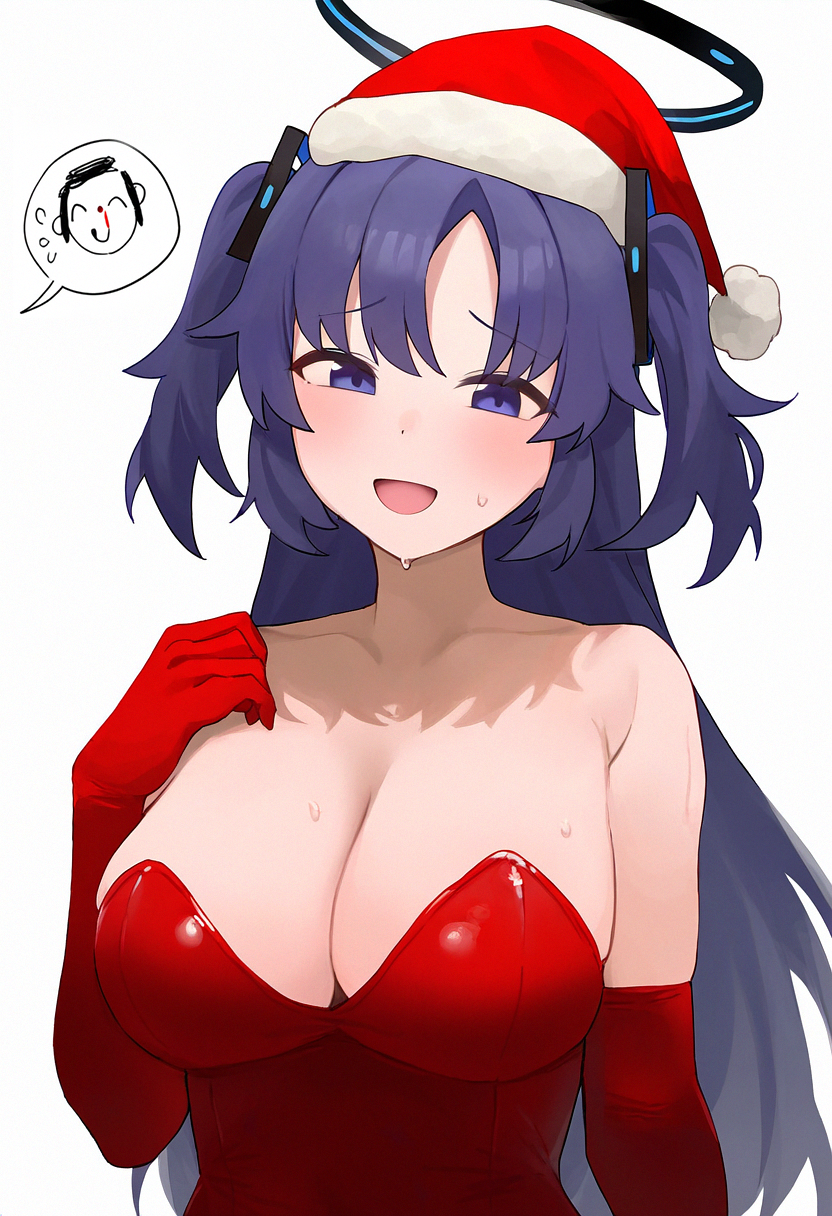 1boy :d ai_generated alternate_breast_size alternate_costume arm_at_side armpit_crease arona's_sensei_doodle_(blue_archive) bangs bare_shoulders blood blue_archive blue_eyes blue_hair blush breasts chibi chibi_inset christmas cleavage collarbone covered_navel dress elbow_gloves embarrassed female fur-trimmed_headwear fur_trim gloves hair_ornament halo hand_on_own_chest hand_up hat head_tilt komorebi_p large_breasts leotard light_blush long_hair looking_at_viewer mechanical_halo millennium_science_school_student nervous_smile open_mouth parted_bangs pom_pom_(clothes) purple_eyes purple_hair raised_eyebrows red_dress red_gloves red_headwear red_leotard santa_costume santa_dress santa_hat self_upload seminar_(blue_archive) sensei_(blue_archive) sidelocks simple_background smile solo solo_focus speech_bubble strapless strapless_dress strapless_leotard sweat sweatdrop twintails two_side_up upper_body very_long_hair white_background yuuka_(blue_archive)