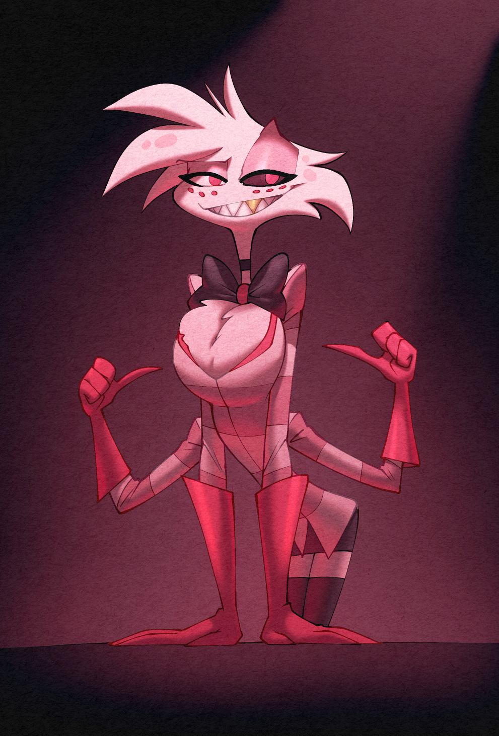 4 arms, angel dust (hazbin hotel), big breasts, bigdad, breasts, clothed, clothing, color, demon, demon boy, gloves, hazbin hotel, heterochromia, hi res, large breasts, looking at viewer, male, male focus, male only, multi arm, multi limb, sharp teeth, short hair, solo, solo male, tagme, white hair