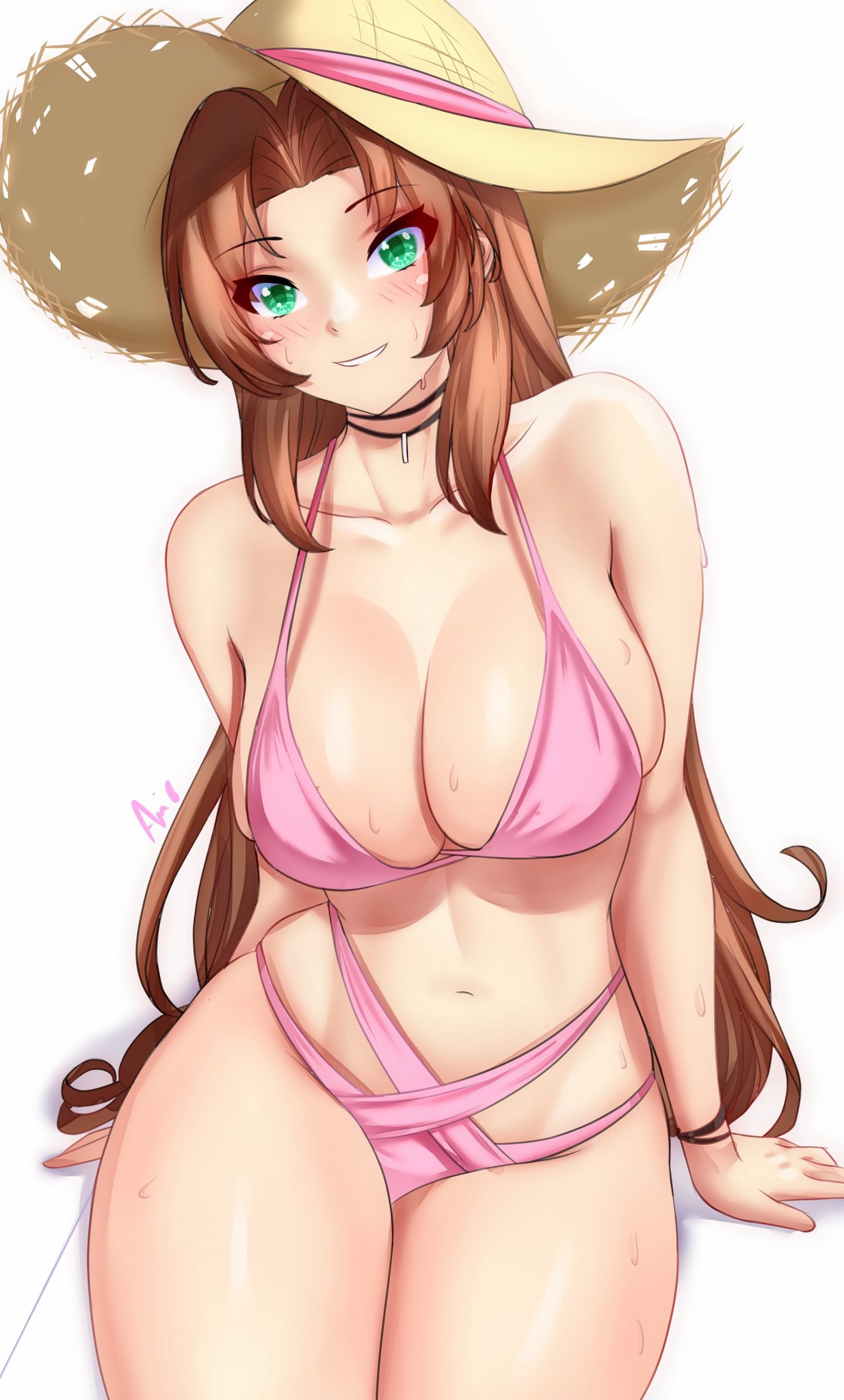 aerith gainsborough, anisdrawn, breasts, female, female only, final fantasy, final fantasy vii, looking at viewer, solo, swimsuit