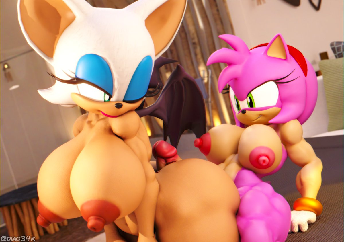 1futa, 1girls, 3d, 3d (artwork), 3d model, amy rose, diag34k, female, futa on female, futanari, intersex, kabalmystic (style), mobian, mobian (species), mobian bat, rouge the bat, sega, sonic (series), sonic adventure 2, sonic the hedgehog (series), yuri