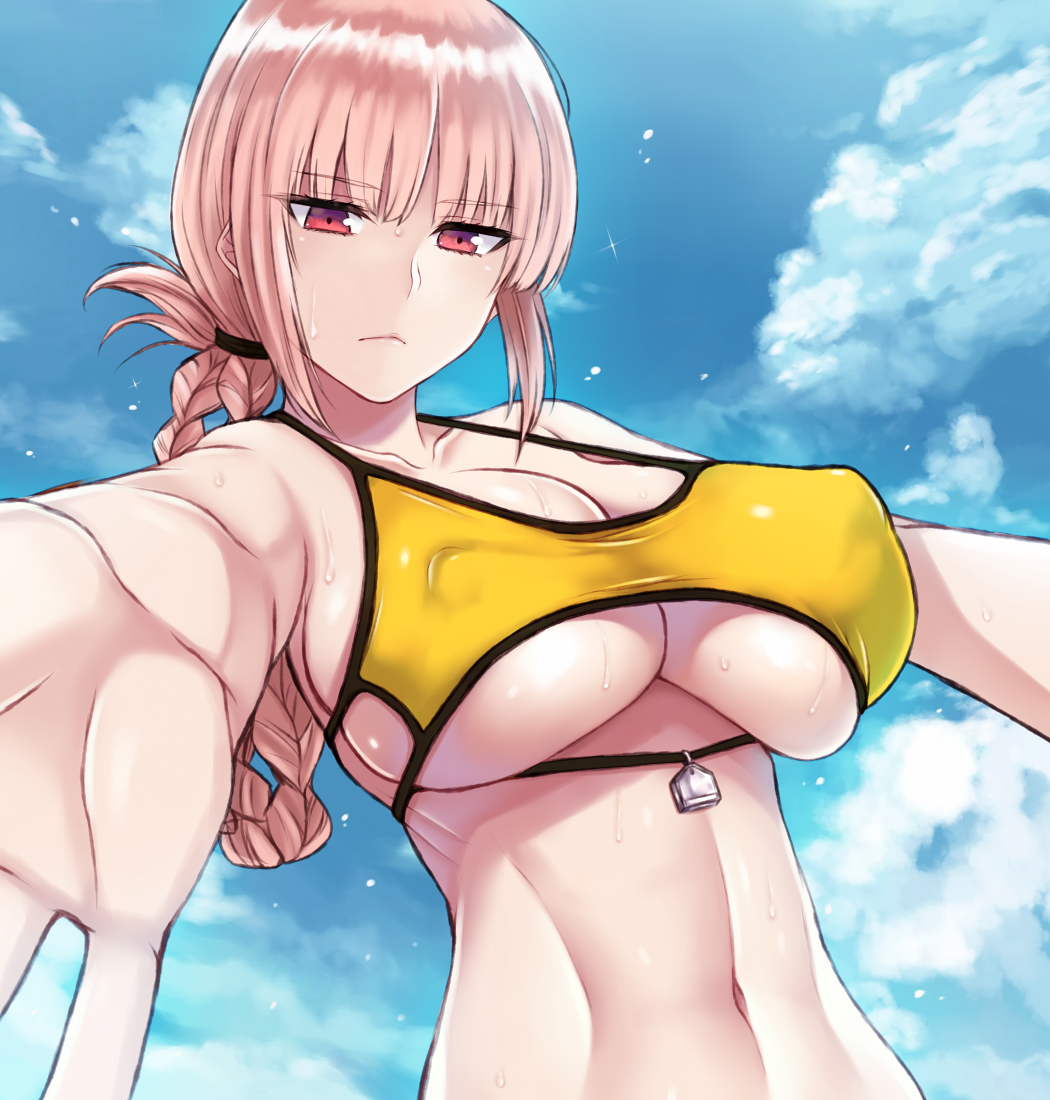 bikini blue_sky blush braid breasts cleavage closed_mouth cloud cocq_taichou commentary_request covered_erect_nipples day fate/grand_order fate_(series) female florence_nightingale_(chaldea_lifesavers)_(fate) florence_nightingale_(fate) folded_ponytail large_breasts long_hair looking_at_viewer navel outdoors outstretched_arms pink_hair red_eyes single_braid skindentation sky solo swimsuit underboob upper_body very_long_hair wet wide_hips yellow_bikini