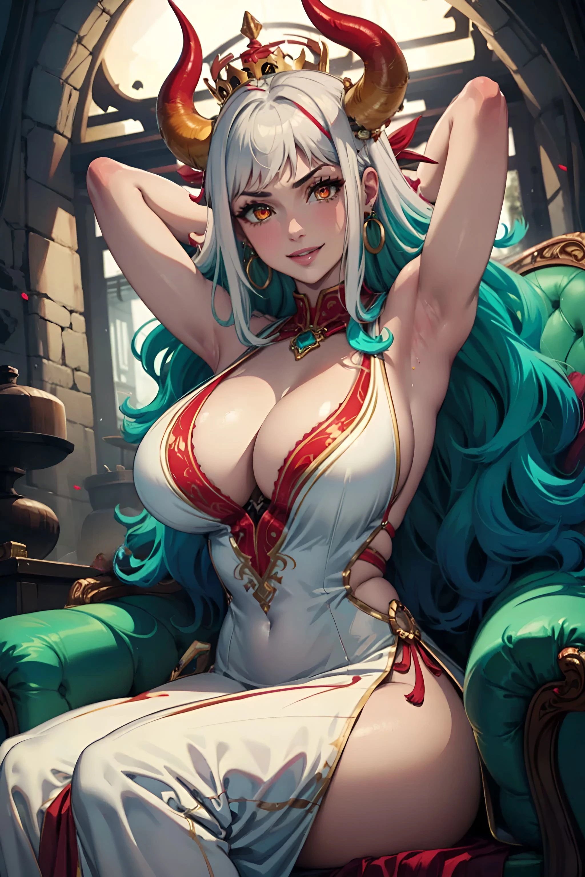 ai generated, arms behind head, cleavage, crown, female, female only, one piece, queen, sexy waifus, tagme, yamato (one piece)