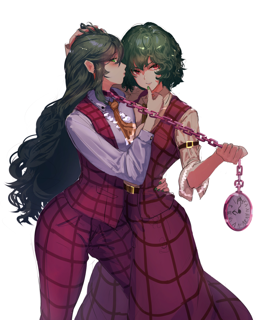 2girls absurdres ascot belt better_version_at_source black_belt blush chain_leash chains clock collared_shirt commentary_request cowboy_shot dual_persona female female_focus frottage grabbing grabbing_another's_chin grabbing_another's_hair green_eyes green_hair green_nails hair_between_eyes hand_up kazami_yuuka kazami_yuuka_(pc-98) kikimifukuri leash leg_between_thighs lips long_hair long_skirt long_sleeves looking_at_viewer looking_to_the_side lowres multiple_girls nail_polish neck necktie painted_nails pants parted_lips plaid plaid_pants plaid_skirt plaid_vest profile red_eyes red_pants red_skirt red_vest selfcest shirt short_hair sidelocks simple_background skirt skirt_set slave smile standing thighs touhou touhou_(pc-98) very_long_hair vest white_background white_shirt yellow_ascot yuka_kazami yuri