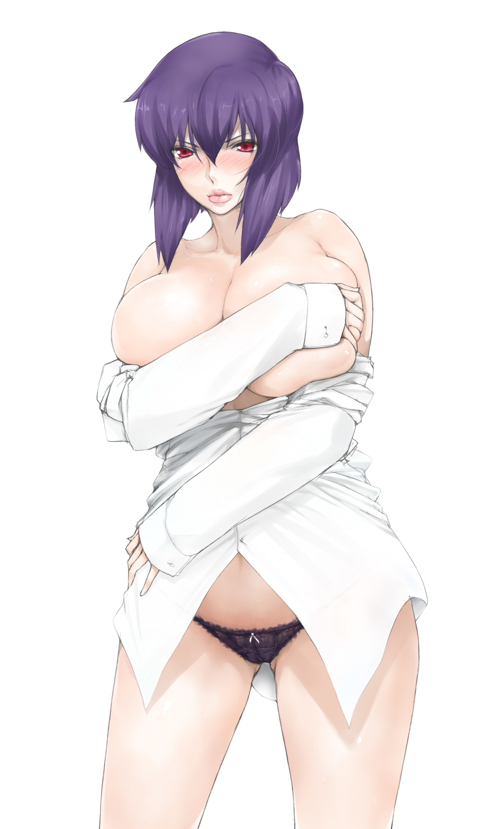 blush breast_hold breasts clothes_pull commentary_request covering_breasts covering_privates dress_shirt female ghost_in_the_shell highres huge_breasts kusanagi_motoko lace lace-trimmed_panties lace_trim libre no_pants panties purple_hair red_eyes shirt shirt_pull skindentation solo thighs underwear white_background white_shirt