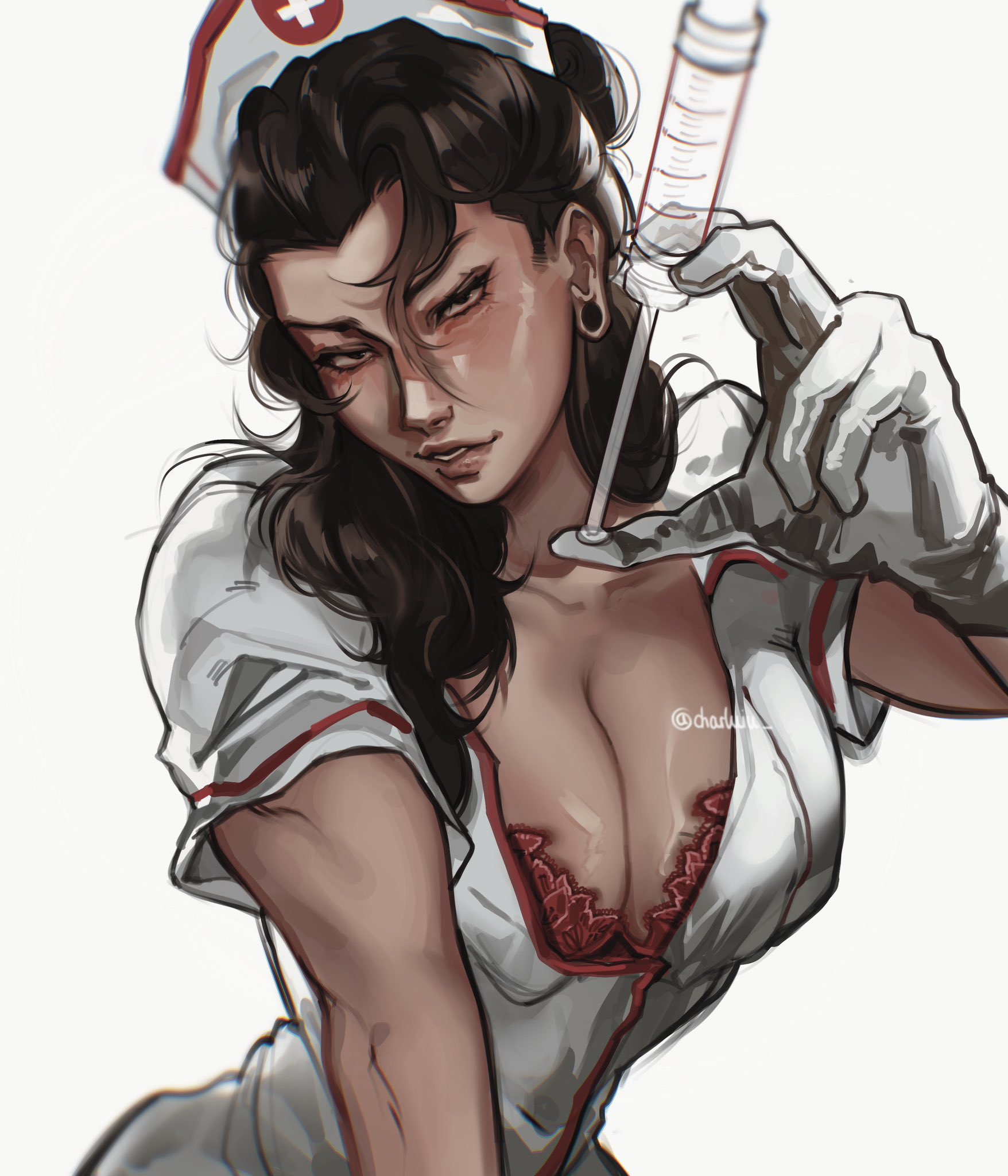 1girls, big breasts, breasts, canon genderswap, charluiu, cleavage, female, femdom, genderswap, genderswap (mtf), imminent injection, jujutsu kaisen, lingerie, nurse, nurse uniform, rule 63, suguru geto, syringe, tagme