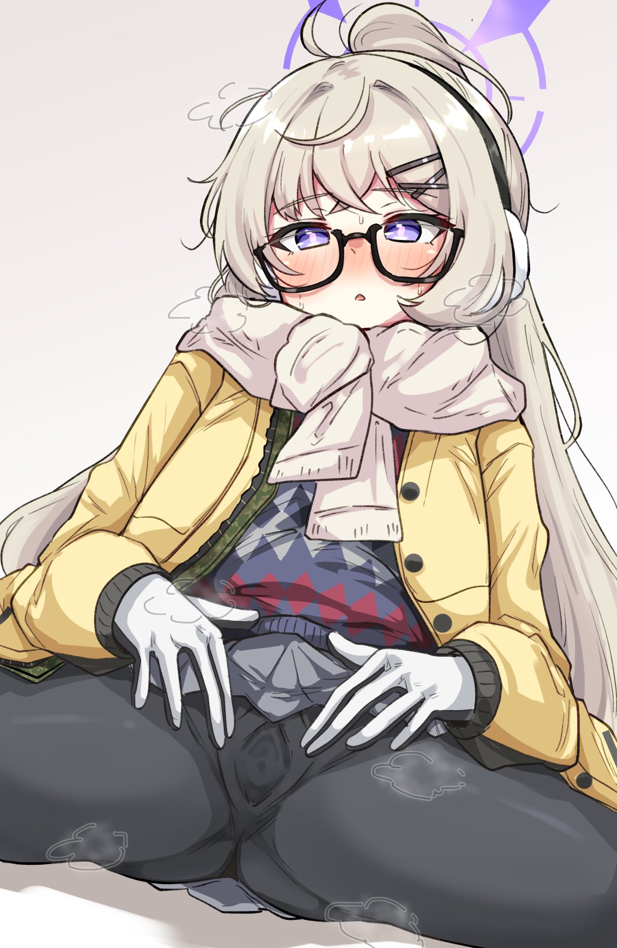 black-framed_eyewear blonde_hair blue_archive blush commentary_request female glasses gloves grey_background halo highres jacket kotama_(blue_archive) kotama_(camp)_(blue_archive) long_hair long_sleeves machismo_fuji millennium_science_school_student official_alternate_costume open_clothes open_jacket pantyhose ponytail purple_eyes purple_halo scarf semi-rimless_eyewear simple_background sitting skirt spread_legs spread_pussy_under_clothes steaming_body sweat veritas_(blue_archive) white_background yellow_jacket