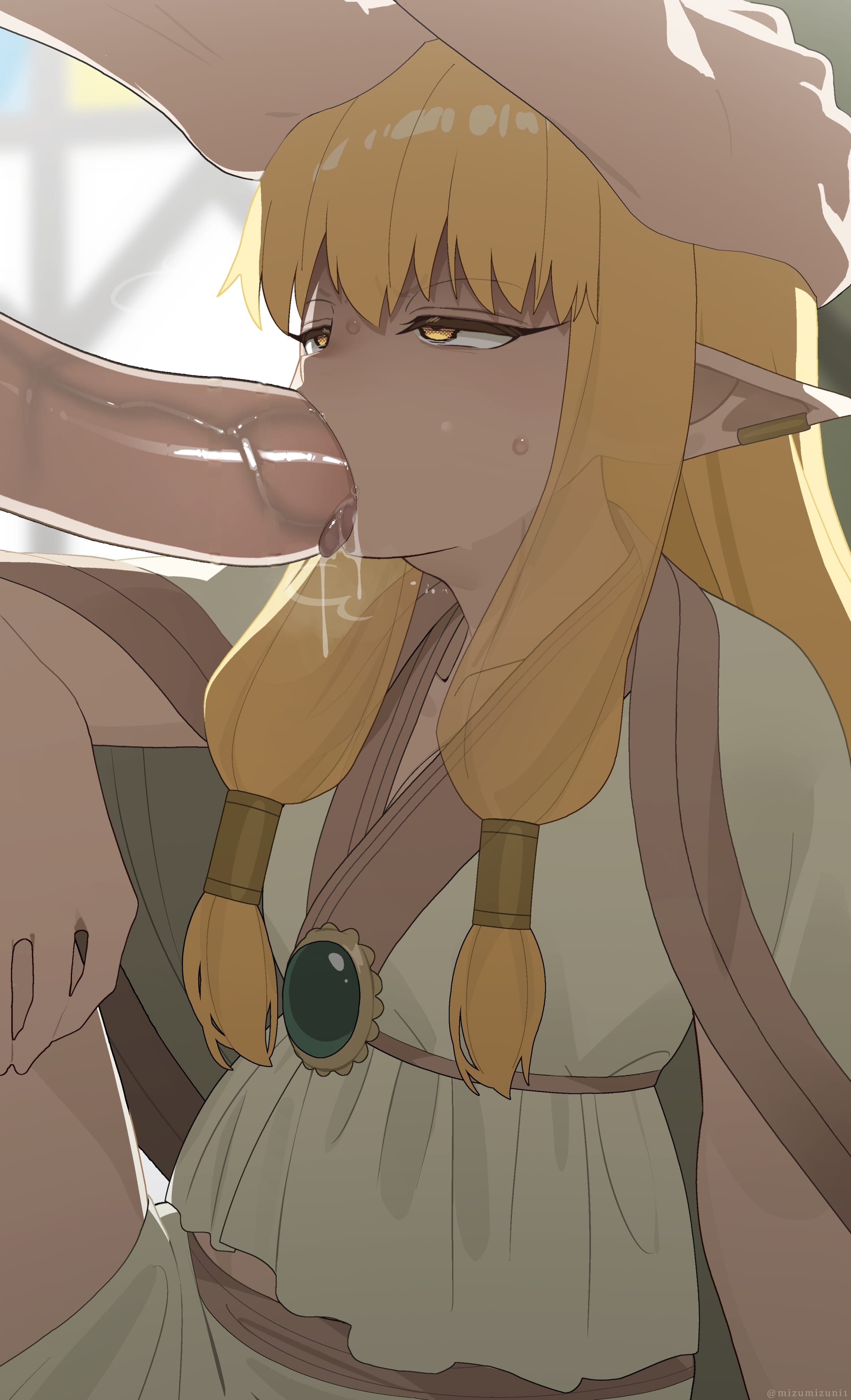 1boy, absurdres, blonde hair, blurry, blurry background, decensored, elf, elf ears, elf female, fellatio, female, forced, forced oral, hands on another's head, highres, human, human male, long hair, male, male human/female elf, mizumizuni, oral, pointy ears, serie (sousou no frieren), solo focus, sousou no frieren, straight, tongue, tongue out, uncensored, yellow eyes
