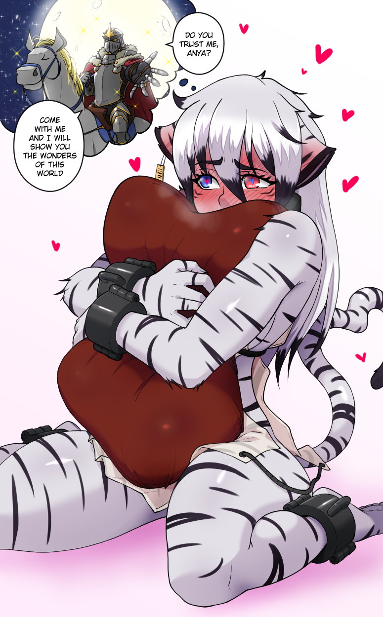 1girls alya_(born_of_itheriont) blush born_of_itheriont cat_ears chains extreme_blush feline female female_focus female_only furry heart-shaped_pupils humanoid kawa-v knight long_hair love multicolored_hair pillow pillow_grab solo solo_female straight tail text thick_thighs tiger