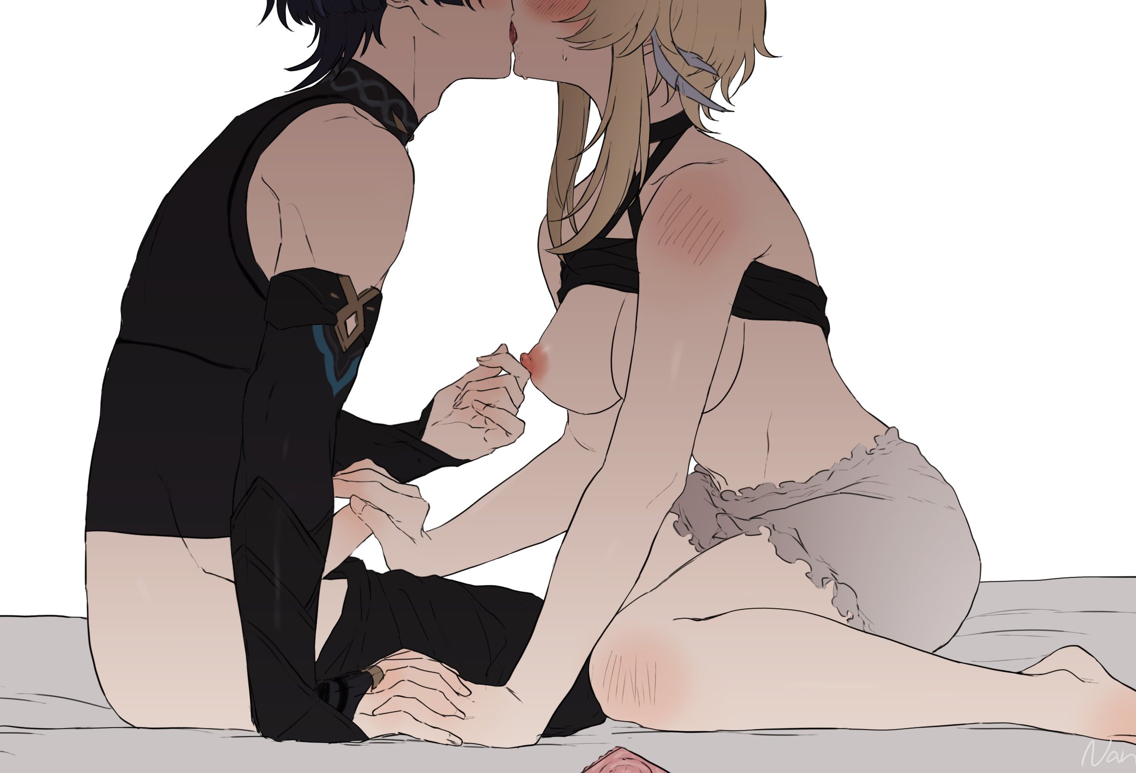 1boy, 1girls, big breasts, bloomers, blush, breasts, breasts out, erect penis, female, fingers interlocked, french kiss, genshin impact, handjob, holding hands, interlocked fingers, kissing, large breasts, light skin, lumine (genshin impact), male, male/female, nan7719318, nipples, pants down, penis, penis out, pinching nipples, scaramouche (genshin impact), shirt up, small penis, small penis adoration, straight, tagme, tongue kiss