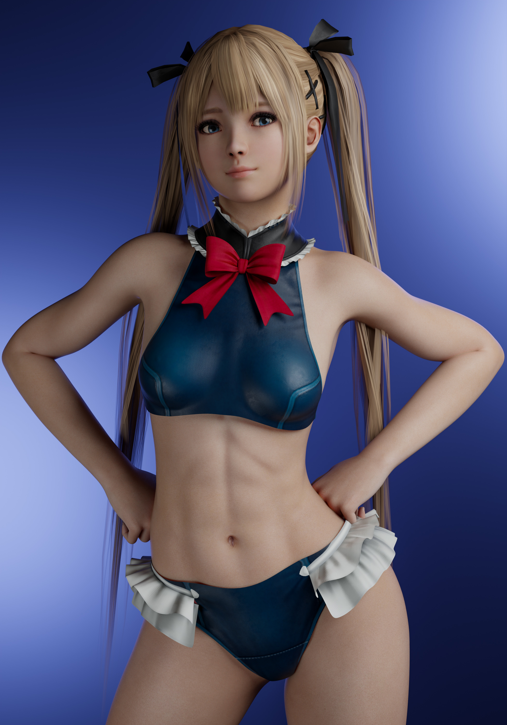 1girls, 3d, 3d (artwork), abs, athletic, athletic female, blender, blender (software), blonde hair, blue eyes, bowtie, breasts, cowboy shot, dead or alive, female, female focus, female only, fit, fit female, fully clothed, hands on hips, light skin, light-skinned female, looking at viewer, marie rose, marie rose (devilish servant against the splashing waves), navel, revealing clothes, self upload, showgirl skirt, small breasts, solo, solo focus, teenage female, teenager, twintails, xzcrystal3d
