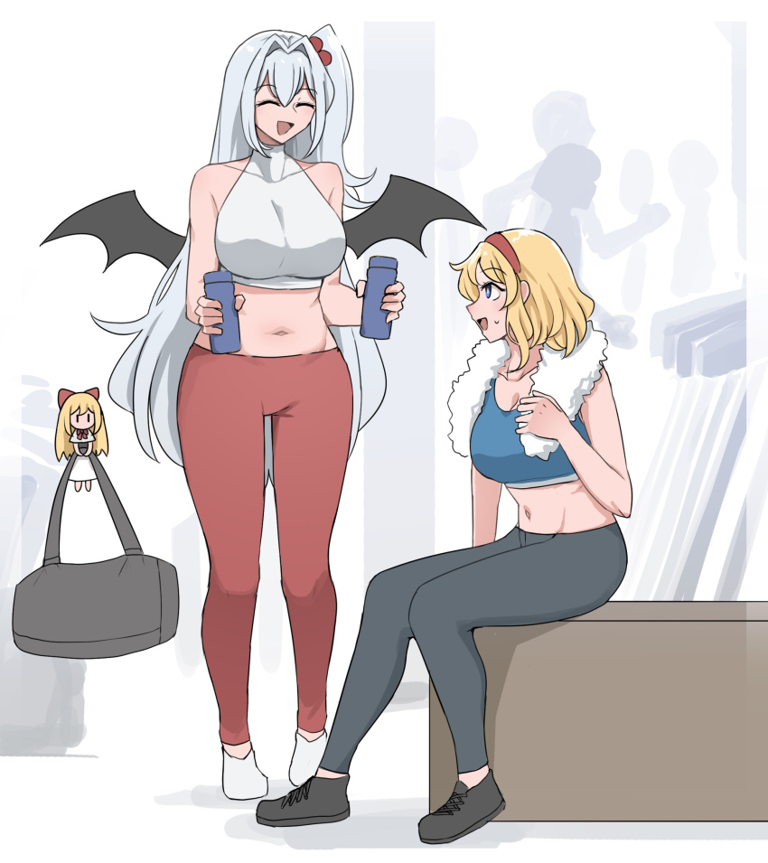 2girls alice_margatroid better_version_at_source blonde_hair blue_eyes breasts cleavage grey_hair gym hair_bobbles hair_ornament hairband large_breasts leggings long_hair lowres mata_(matasoup) midriff mother_and_daughter multiple_girls navel one_side_up red_hairband shanghai_doll shinki shinki_(touhou) shoes short_hair side_ponytail sleeveless sneakers sports_bra sportswear touhou wings