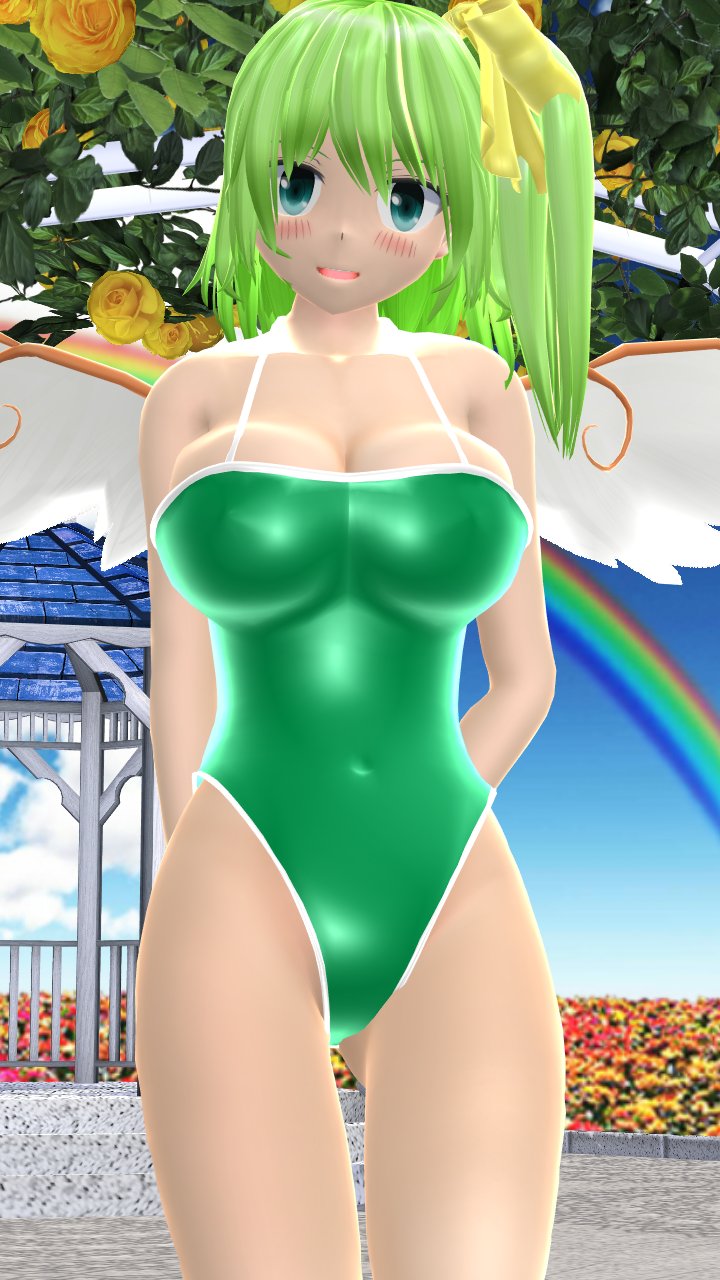 1girls 2024 3d_(artwork) adult_female belly_button blue_eyes blush breasts daiyousei embodiment_of_scarlet_devil fairy fairy_wings flower_field green_swimsuit hati_yukkuri_mmd light-skinned_female light_green_hair looking_at_viewer mmd outside rainbow sky solo_female solo_focus swimsuit touhou wings yellow_flower yellow_ribbon