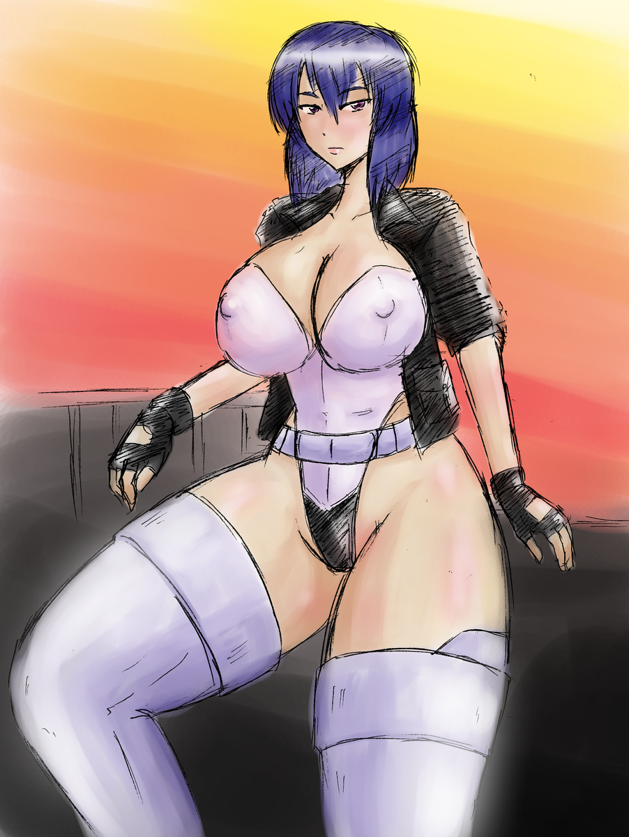 belt breasts cleavage female ghost_in_the_shell jacket kusanagi_motoko leotard long_hair solo tasuro_kuzuha thick_thighs thighhighs wide_sleeves