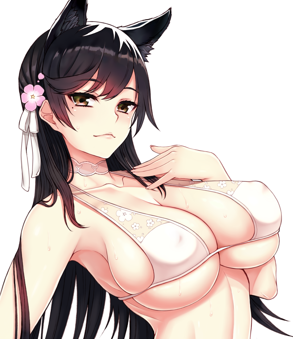 1girls animal_ears atago_(azur_lane) atago_(summer_march)_(azur_lane) azur_lane bikini black_hair blush breasts brown_eyes choker closed_mouth cocq_taichou collarbone covered_erect_nipples female flower hair_flower hair_ornament hand_on_own_chest large_breasts light-skinned_female light_skin lips long_hair looking_at_viewer mole mole_under_eye sakura_empire_(azur_lane) simple_background skindentation solo swimsuit upper_body white_background white_bikini