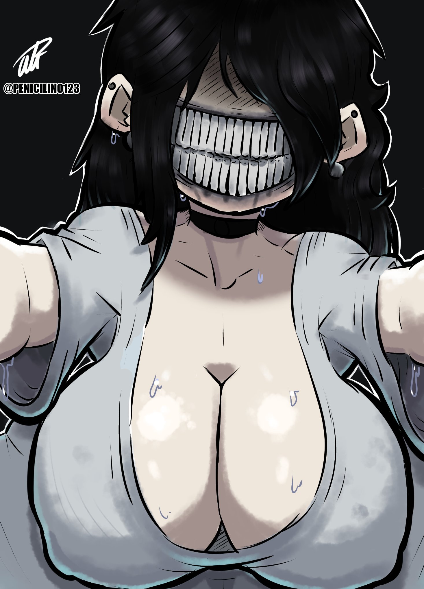 1girls, artist signature, big breasts, big teeth, black hair, breasts, earrings, female, huge breasts, looking at viewer, nipple bulge, penicilino123, pepitocuario123, teeth showing, wet body, white skin