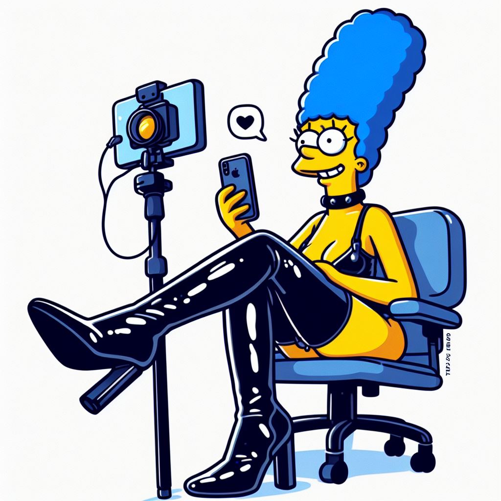 1girls ai_generated bing_image_creator blue_hair boots breasts chair female female_only heart leather leather_clothing livestream marge_simpson patent_boots phone smile streaming the_simpsons white_background