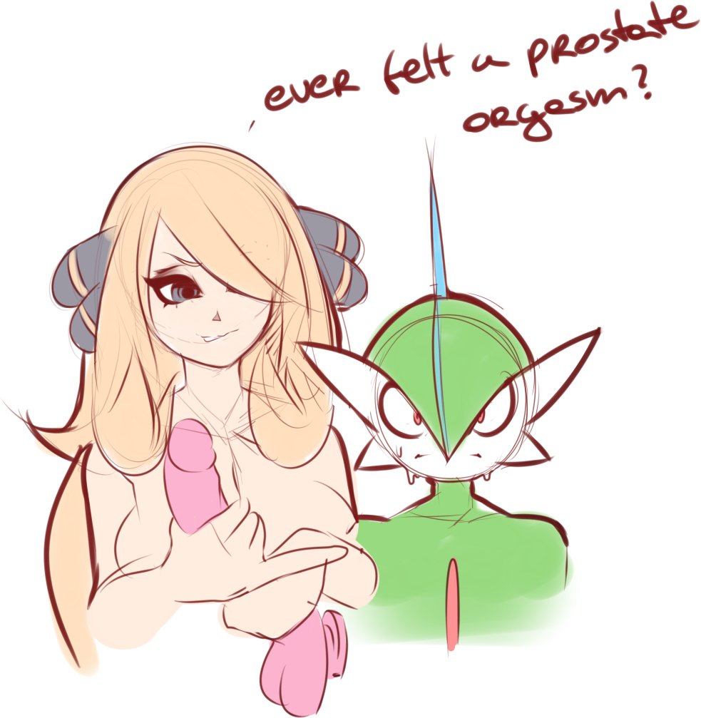 big breasts, blonde hair, blue eyes, breasts, cynthia (pokemon), dildo, eyes wide open, female, flat colors, gallade, green hair, green skin, groping, handjob, looking at partner, nintendo, plantpenetrator, pokemon, pokemon (species), red eyes, simple background, size difference, sketch, sweat, sweatdrop, two-handed handjob, white background, white skin, worried
