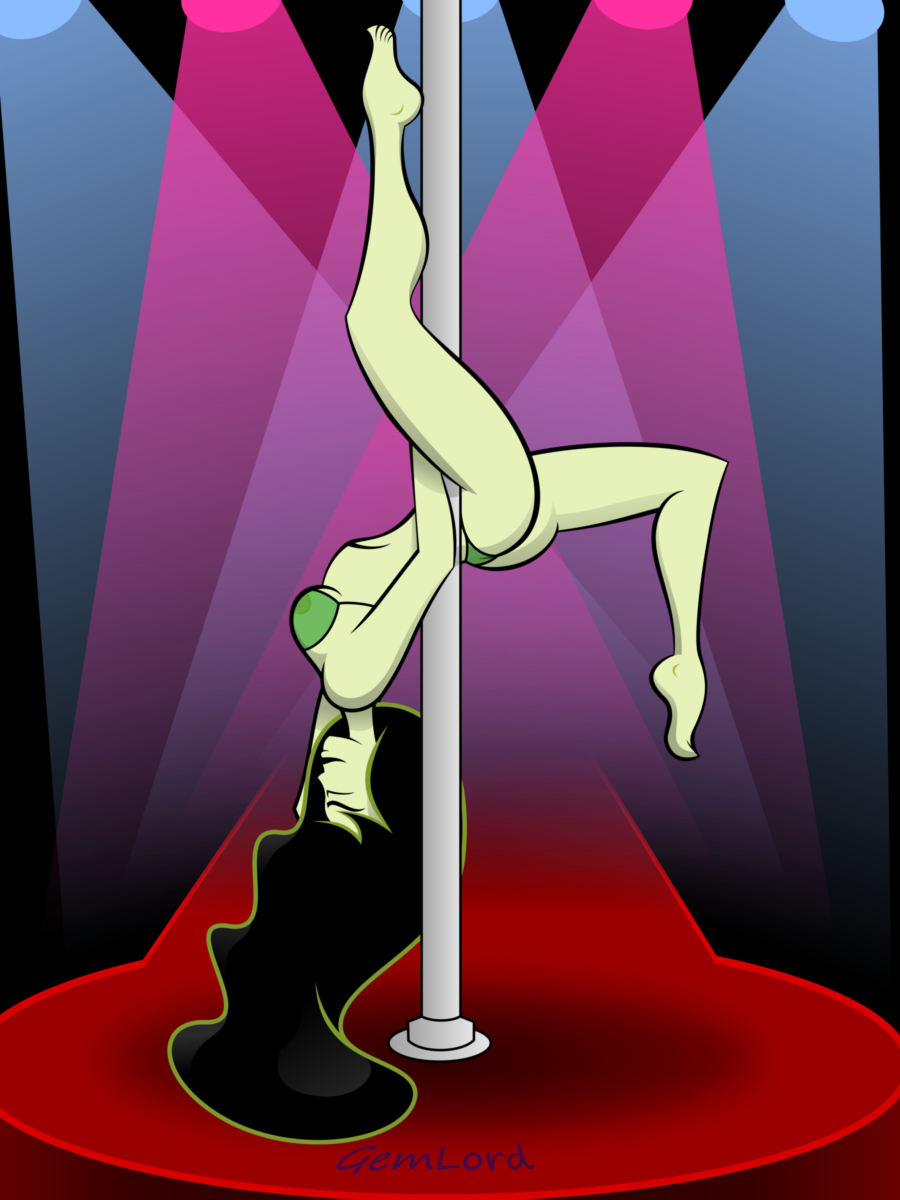 bikini disney female female_only gemlord human kim_possible medium_breasts pole pole_dancing shego solo straight_hair strip_club stripper_pole tagme