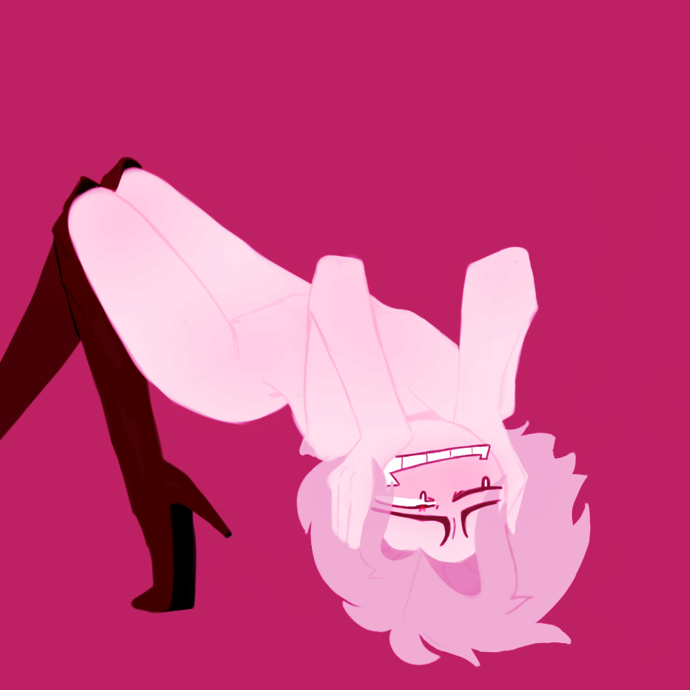 1girls blush cleavage heart heart-shaped_pupils hearts_around_head high_heel_boots high_heels oc one_eye_closed own_character pink_background pink_body rubber_boots smile smiling tears_of_pleasure