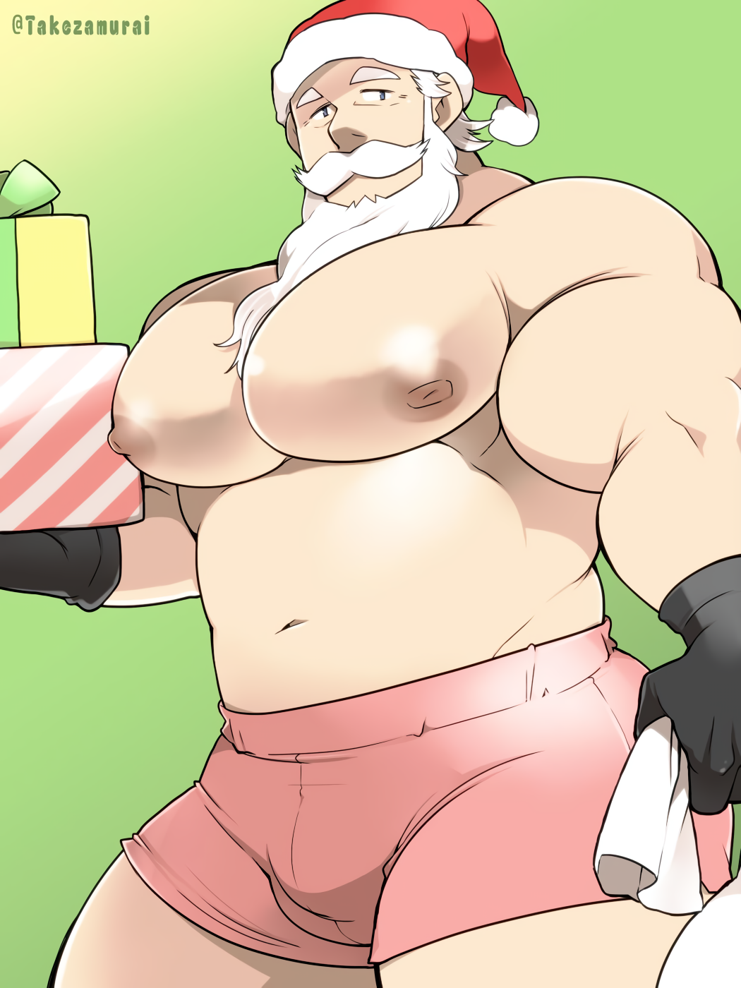 balls bara bara_tiddies bara_tits beard big_chest big_pecs bulge christmas facial_hair gigantic_chest gigantic_pecs hat huge_chest huge_pecs large_pectorals male male_only man_boobs man_breasts massive_chest massive_pecs moobs no_visible_genitalia penis santa_claus santa_hat solo solo_male takezamurai white_hair