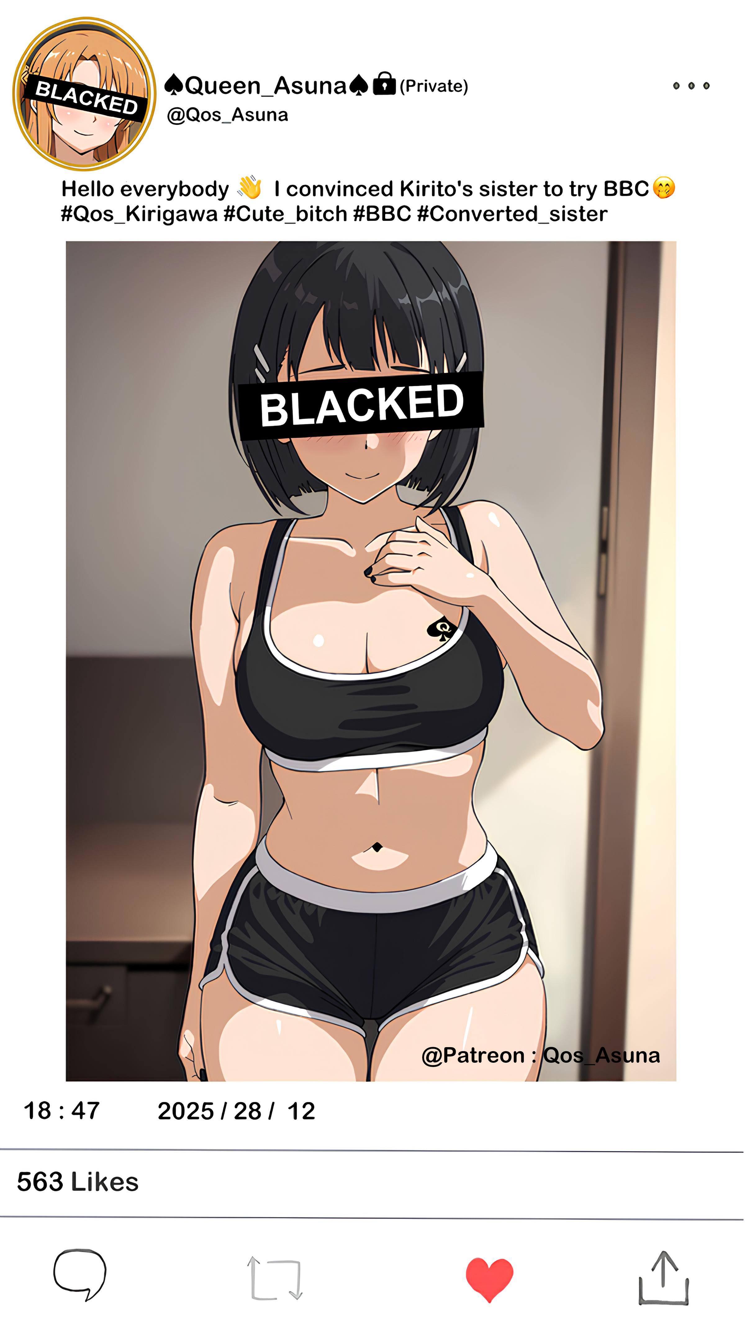 1girls, ai generated, black clothing, black hair, blacked, censored eyes, corruption, female, kirigaya suguha, looking at viewer, qos asuna, queen of spades, queen of spades symbol, queen of spades tattoo, selfie, short hair, shorts, shy, social media, sports bra, sword art online, tattoo, twitter