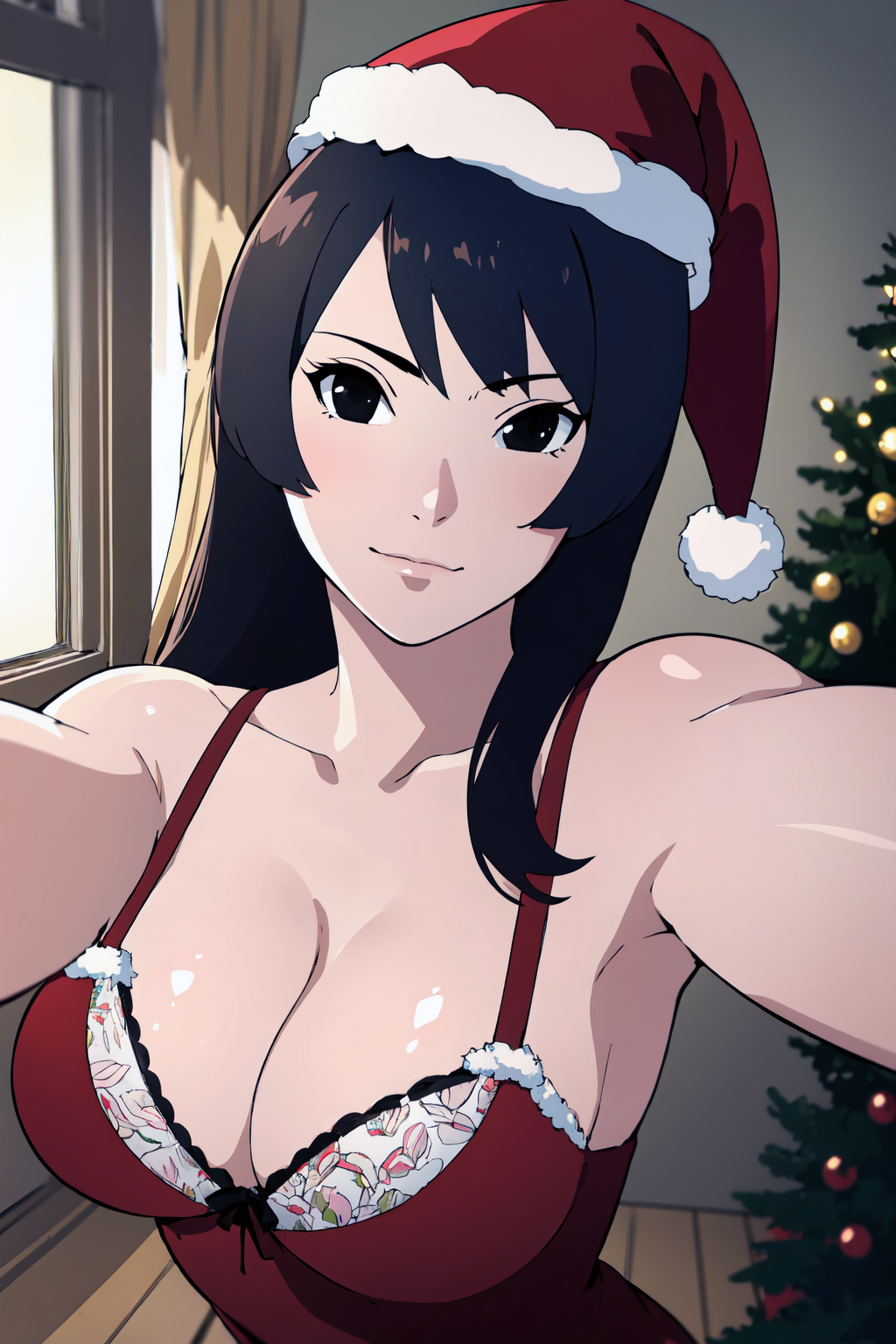 1girls adapted_costume ai_generated alternate_hairstyle big_breasts black_eyes black_hair blunt_bangs boruto:_naruto_next_generations bra breasts center_opening christmas christmas_clothing christmas_headwear christmas_outfit christmas_tree cleavage costemania dress female female_only fur_trim headwear kurotsuchi light-skinned_female light_skin lingerie long_hair looking_at_viewer mature mature_female nai_diffusion naruto naruto_(series) pale-skinned_female pale_skin petite presenting presenting_breasts revealing_clothes santa_hat selfie smile smiling smiling_at_viewer solo solo_focus stable_diffusion taking_selfie upper_body