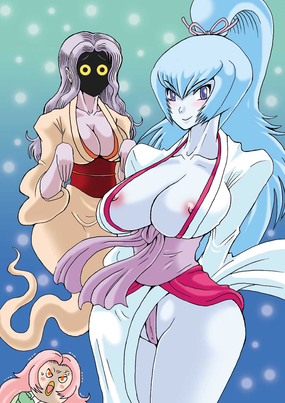 2girls amabie aoi_(gegege_no_kitarou) b.l blue_eyes blue_hair blue_skin cleavage curvaceous fundoshi gegege_no_kitarou ghost_girl ghost_tail humanoid kimono large_breasts long_hair multiple_girls sash tagme tail ushirogami wide_hips yokai yuki_onna